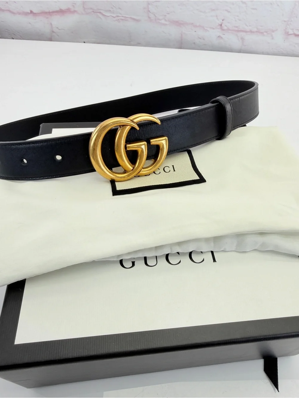 Authentic Gucci Slim Leather Marmont Gg Double Belt Black 70/28” 414516